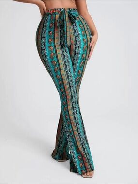Women’s High Rise Teal & Orange Paisley Flare Bootcut Pants Large Like New Shein